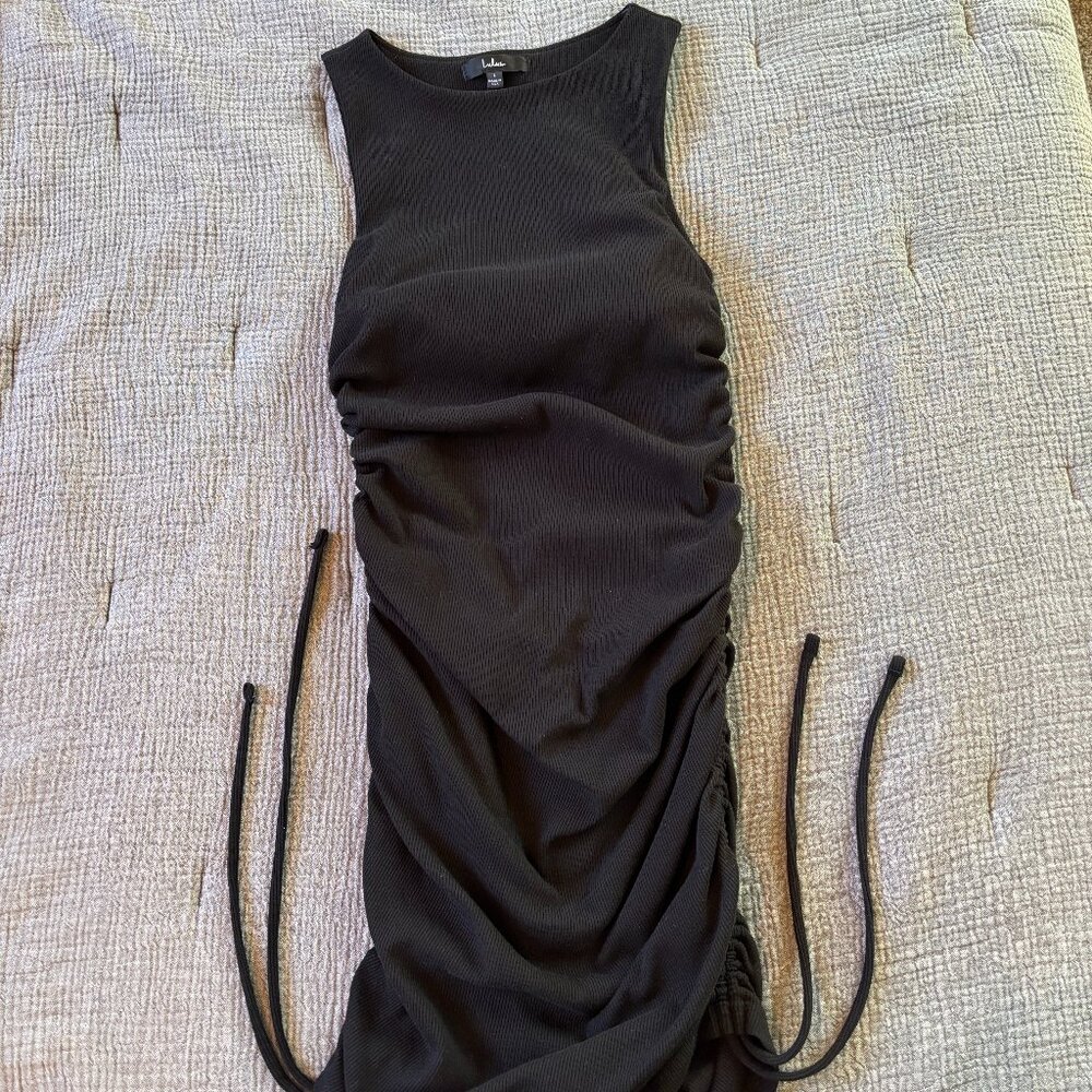 Lulus Over And Over Black Ribbed Drawstring Ruched Bodycon Dress - Size L - Picture 2 of 3